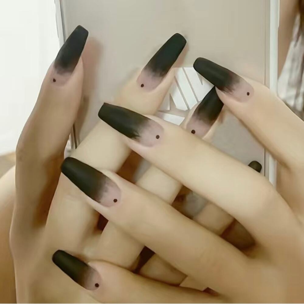 Goth Matte Black Press On Nails 25 Pc Set Medium Coffin Frosted Look Kit w/Glue